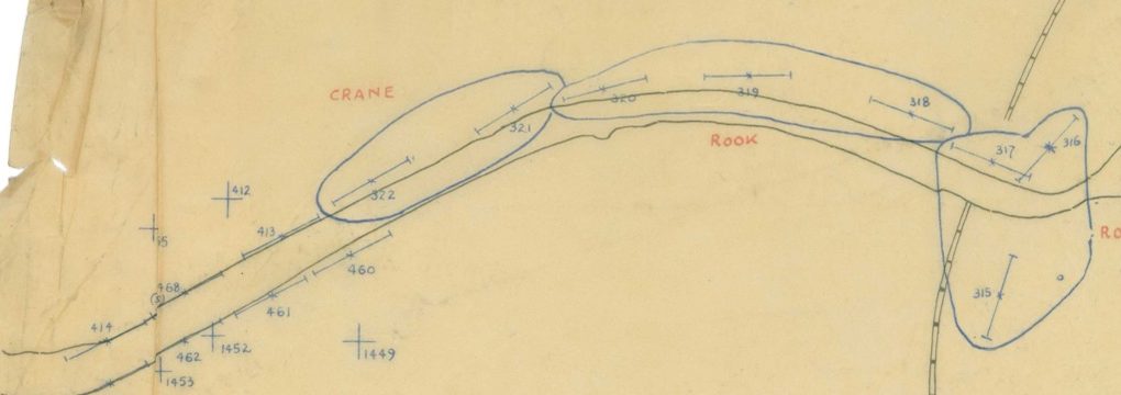 Blue pencil outlines labeled CRANE, ROOK and ROBIN along a traced river, with targets 315 to 322 and a cluster numbered 412 to 468 at left