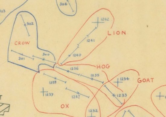 Red pencil outlines labeled LION, HOG, GOAT and OX around crosses numbered 1233 to 1242, each with a short line through it