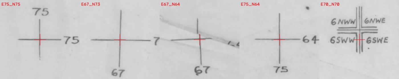 Five enlarged tiles of the grid crosses, each with a red marker on the detected center and its kilometer labels: 75/75, 67/73, 67/64, 75/64, and the double-line corner cross