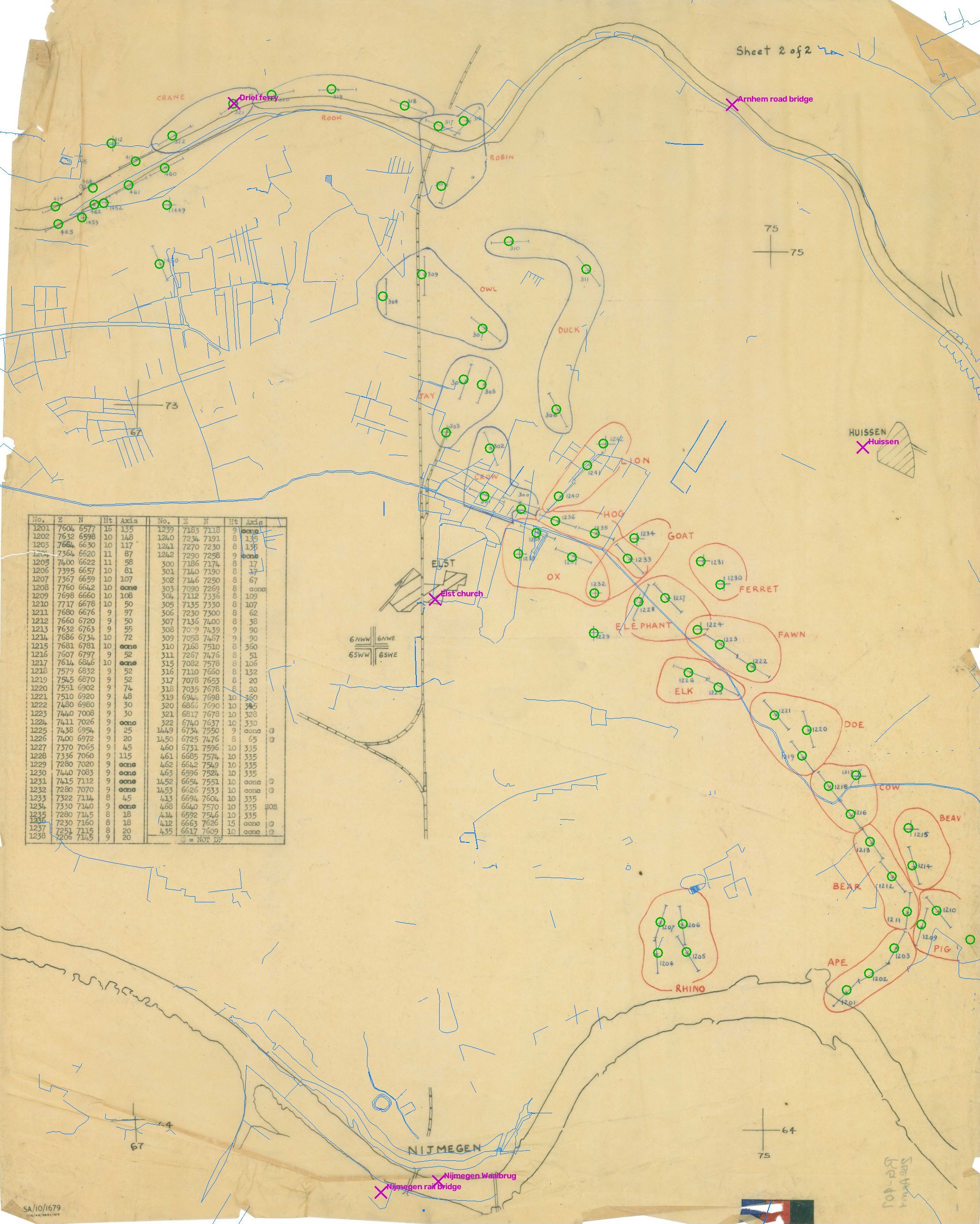 A 1944 artillery overlay with projected target positions, modern rivers and landmarks drawn over it